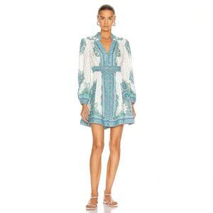 Zimmermann Bells Paisley Short Mini Dress in Blue 100% Linen (AU 0/US 2)
